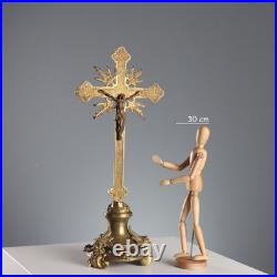 Crucifix Ancien Bronze Doré Base Circulaire Italie XIXe-XXe Siècle Original