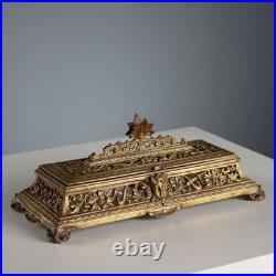 Encrier Ancien Bronze Gravé Doré Europe XIXe-XXe Siècle Original