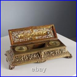 Encrier Ancien Bronze Gravé Doré Europe XIXe-XXe Siècle Original