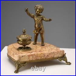 Encrier Ancien Marbre Bronze Décorations Italie XIXe-XXe Siècle Original