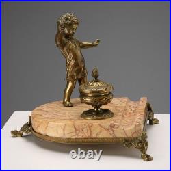 Encrier Ancien Marbre Bronze Décorations Italie XIXe-XXe Siècle Original