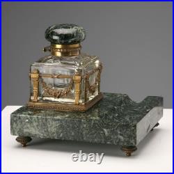 Encrier Ancien Marbre Vert Bronze Italie du XIXe Siècle Original