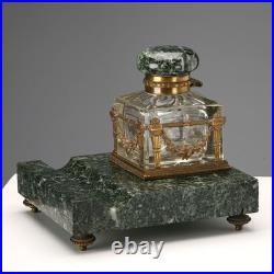 Encrier Ancien Marbre Vert Bronze Italie du XIXe Siècle Original