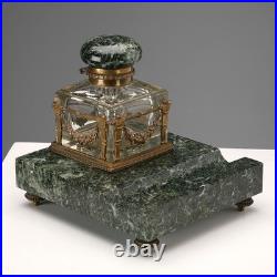 Encrier Ancien Marbre Vert Bronze Italie du XIXe Siècle Original