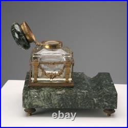 Encrier Ancien Marbre Vert Bronze Italie du XIXe Siècle Original