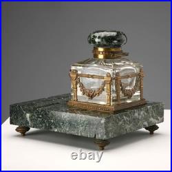 Encrier Ancien Marbre Vert Bronze Italie du XIXe Siècle Original