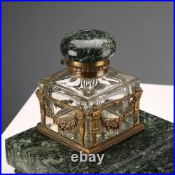 Encrier Ancien Marbre Vert Bronze Italie du XIXe Siècle Original