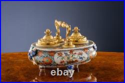 Encrier Ancien Régence Bronze Doré Porcelaine XIXe Siècle Encrier Ancien Régence Bronze Doré Porcelaine XIXe Siècle