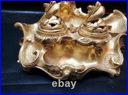 Encrier ancien en bronze doré style rococo XIXe siècle 1K400 Marquage J-R