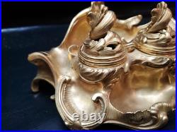 Encrier ancien en bronze doré style rococo XIXe siècle 1K400 Marquage J-R