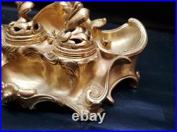 Encrier ancien en bronze doré style rococo XIXe siècle 1K400 Marquage J-R