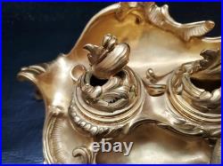 Encrier ancien en bronze doré style rococo XIXe siècle 1K400 Marquage J-R