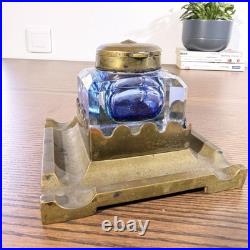 Encrier ancien en cristal et bronze de bureau XIXe siècle patiné