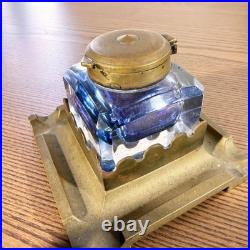 Encrier ancien en cristal et bronze de bureau XIXe siècle patiné