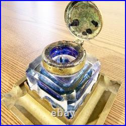 Encrier ancien en cristal et bronze de bureau XIXe siècle patiné