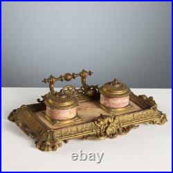 Encrier de Bureau Ancien Bronze Marbre Europe XIXe Siècle Original