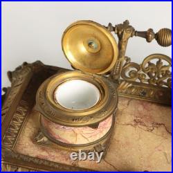 Encrier de Bureau Ancien Bronze Marbre Europe XIXe Siècle Original