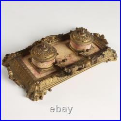 Encrier de Bureau Ancien Bronze Marbre Europe XIXe Siècle Original