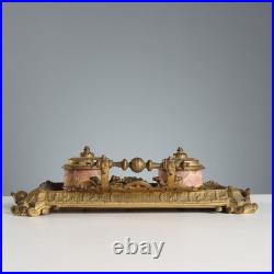 Encrier de Bureau Ancien Bronze Marbre Europe XIXe Siècle Original