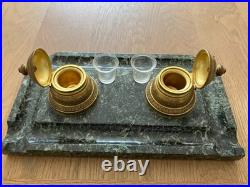 Encrier double ancien en bronze doré et marbre vert XIXe siècle