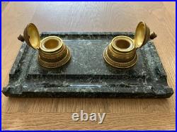Encrier double ancien en bronze doré et marbre vert XIXe siècle