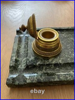 Encrier double ancien en bronze doré et marbre vert XIXe siècle