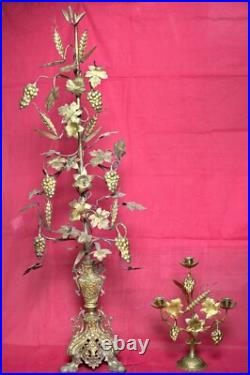 GRAND ORNEMENT d'autel & bougeoir assorti BRONZE & LAITON XIXe 19e siècle 19th