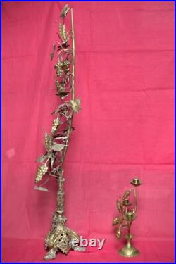 GRAND ORNEMENT d'autel & bougeoir assorti BRONZE & LAITON XIXe 19e siècle 19th