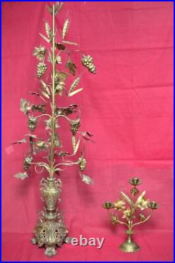 GRAND ORNEMENT d'autel & bougeoir assorti BRONZE & LAITON XIXe 19e siècle 19th