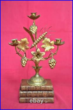 GRAND ORNEMENT d'autel & bougeoir assorti BRONZE & LAITON XIXe 19e siècle 19th