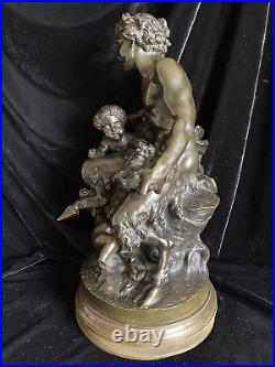 Grande Sculpture Bronze Bacchante Faune Et Enfants D'apres Clodion XIX Siecle