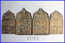 Icône quadriptyque bronze émaillé 12 Grandes fêtes Russie XIXe siècle (73147)