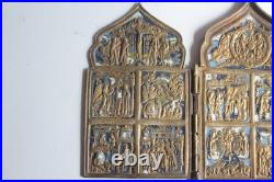 Icône quadriptyque bronze émaillé 12 Grandes fêtes Russie XIXe siècle (73147)