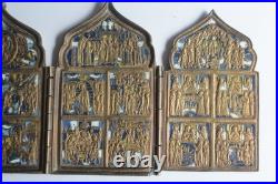 Icône quadriptyque bronze émaillé 12 Grandes fêtes Russie XIXe siècle (73147)