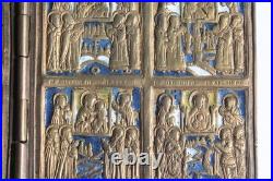 Icône quadriptyque bronze émaillé 12 Grandes fêtes Russie XIXe siècle (73147)