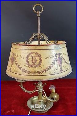 Lampe De Table Bronze. Metal Polychromes Écran. Siècle Xix-xx