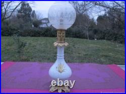 Lampe à pétrole ancienne Libellule peinture porcelaine bronze XIX siècle
