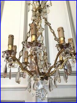 Lustre à chaines en bronze doré et pampilles cristal XIX° siècle