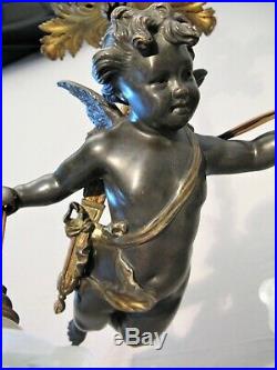 Lustre en bronze à deux patines Ange Cupidon 2 lumières fin XIX ème siècle