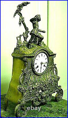 PENDULE BRONZE a fil uhr chasse sapeur clock kaminuhr antik french XIX e siecle