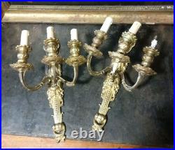 Paire Appliques Bronze Doré Style Louis XVI Trois Branches XIXe Siècle