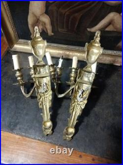 Paire Appliques Bronze Doré Style Louis XVI Trois Branches XIXe Siècle