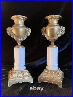 Paire Bougeoirs Cassolettes Bronze Dore Marbre Style Louis XVI XIX Siecle