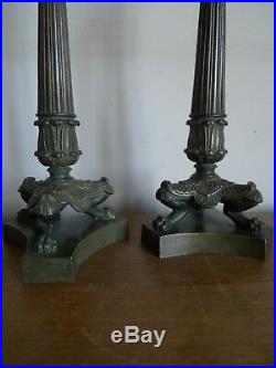 Paire Bougeoirs Flambeaux Bronze Pieds Griffes Epoque Napoleon III XIX Siecle
