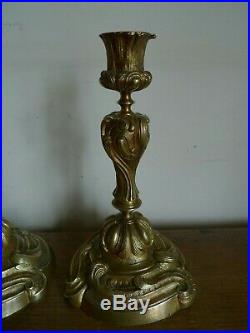 Paire Bougeoirs Flambeaux Louis XV Rocaille Bronze Dore Epoque Xviii-xix Siecle