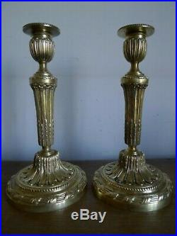 Paire Bougeoirs Flambeaux Louis XVI Bronze Dore Epoque Debut XIX Siecle