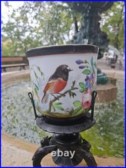 Paire Cache Pots Porcelaine Peinte XIX ème siècle Oiseaux Bois Bronze