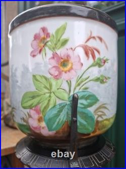 Paire Cache Pots Porcelaine Peinte XIX ème siècle Oiseaux Bois Bronze