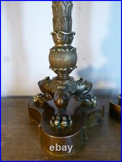 Paire De Flambeaux Bougeoirs Bronze Pietement Tripode XIX Siecle