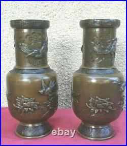 Paire De Vases A Longs Cols En Bronze Patine Japon Fin Du Xix° Siecle